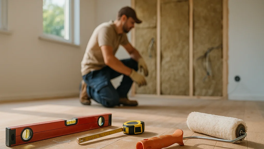 artisan-rénovation : vue d’un chantier avec outillage au premier plan et mur isolé à finir, illustrant l’arbitrage DIY vs artisan, ordre des travaux et conseils 2025