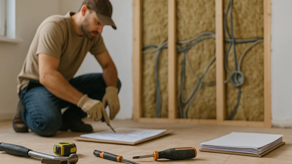FAQ travaux 2025 : chantier en cours avec plans et outils au sol, mur ouvert montrant isolation et câbles — illustration choix artisan, devis, aides et ordre des travaux
