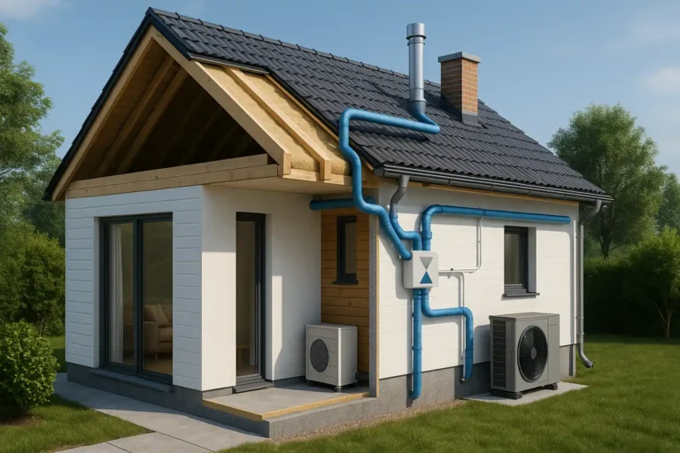 Maison moderne bien isolée avec pompes à chaleur et VMC apparente, illustrant la rénovation énergétique maîtrisée présentée sur ArtisansIsolation.fr.