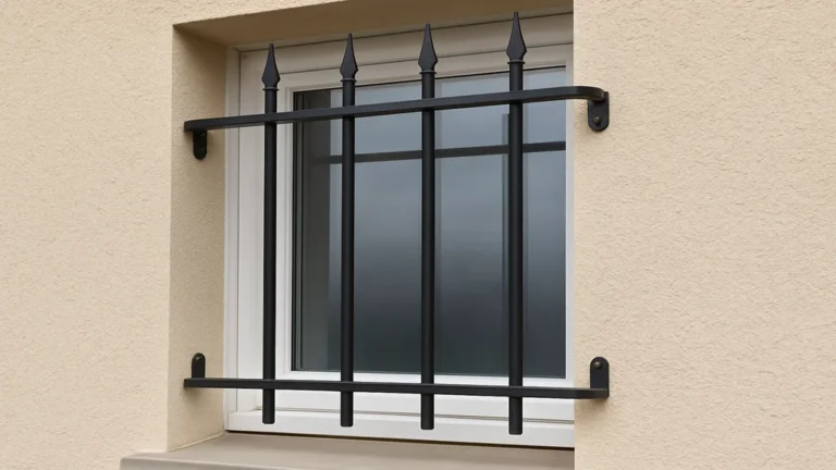 Grille de défense en acier noir installée devant une fenêtre PVC blanche, montrant des barreaux verticaux conformes aux normes de sécurité pour éviter les chutes et renforcer la protection contre les effractions