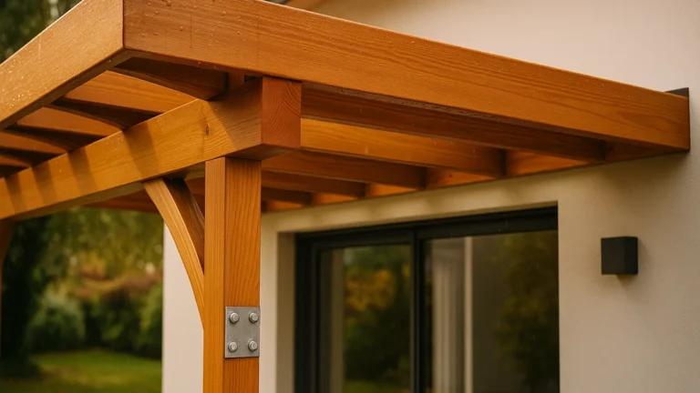Auvent extérieur en bois lamellé-collé Douglas, fixations inox, structure apparente sous pluie légère — exemple de choix adapté en classe d’emploi 3 pour une façade moderne