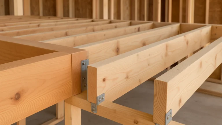 Solives de plancher en bois C24 fixées sur muralière avec sabots galvanisés, glulam en appui — exemple conforme Eurocode 5 pour portées courantes et grandes portées GL24