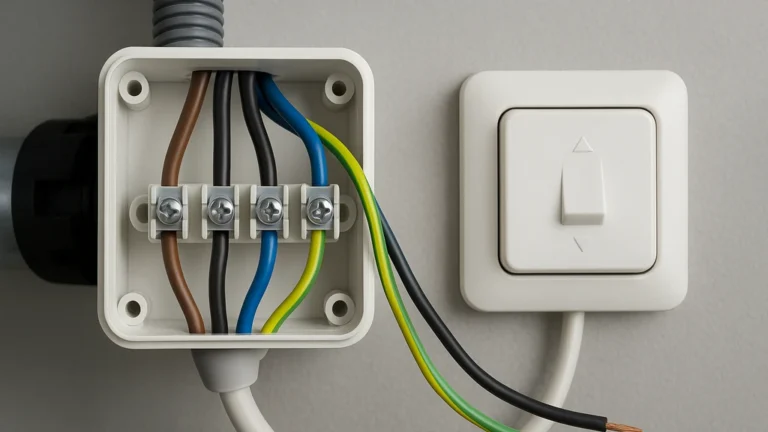 Branchement volet roulant 4 fils : marron montée, noir descente, bleu neutre et vert-jaune terre dans une boîte de dérivation avec inverseur mural, vue nette et réaliste.