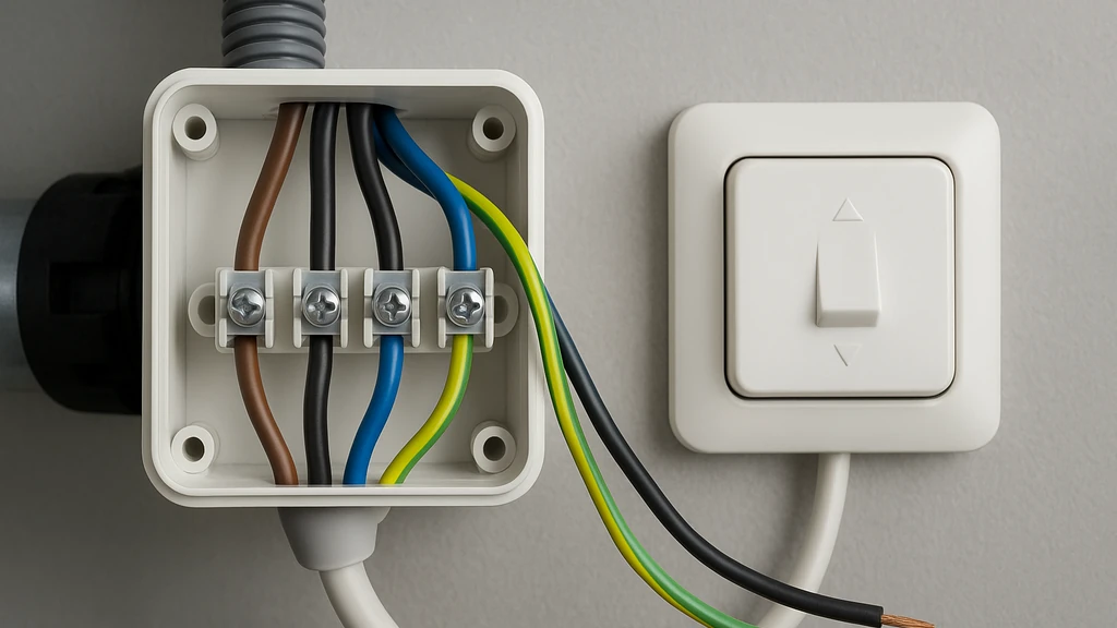 Branchement volet roulant 4 fils : marron montée, noir descente, bleu neutre et vert-jaune terre dans une boîte de dérivation avec inverseur mural, vue nette et réaliste.