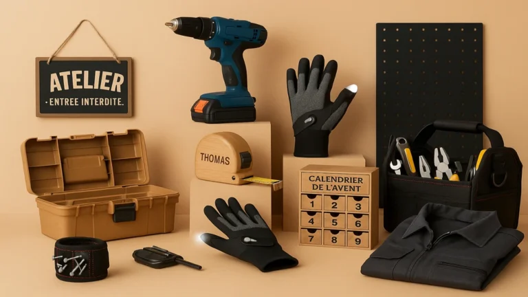 Sélection d’outils et accessoires de bricolage présentés en flat lay, incluant perceuse, gants LED, boîte à outils, sac de transport et gadgets pratiques, pour illustrer des idées de cadeaux pour bricoleur