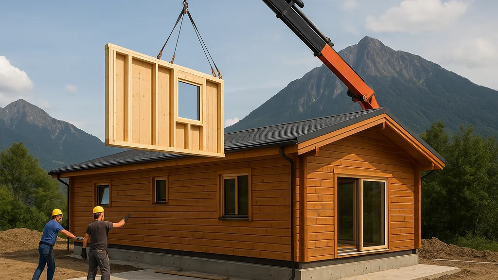 Chalet en bois 80 m² « livré monté » : panneau d’ossature gruté sur dalle béton, menuiseries posées, illustration des prestations incluses et des travaux de fondations à prévoir.
