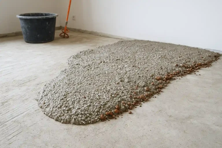 Chape allégée fraîchement appliquée au sol, avec granulats légers visibles en surface lors d’un chantier de rénovation intérieur