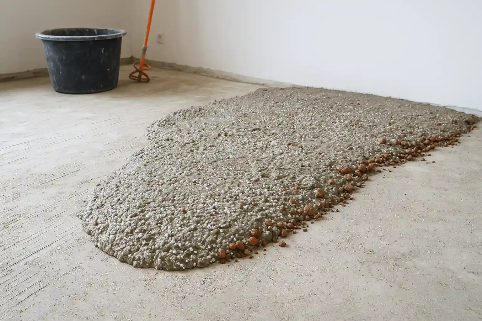 Chape allégée fraîchement appliquée au sol, avec granulats légers visibles en surface lors d’un chantier de rénovation intérieur