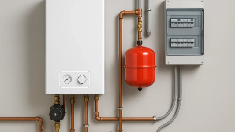 Chaudière électrique murale avec vase d’expansion et tableau électrique, installation propre en cuivre — illustration des prix 2025 et d’une pose standard sans conduit de fumée