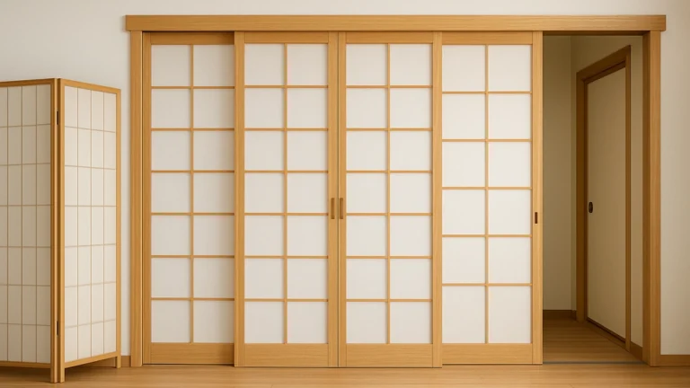 Cloison japonaise avec panneaux shoji coulissants et paravent pliable en bois clair, séparant élégamment deux espaces intérieurs dans un esprit zen