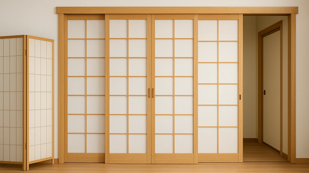 Cloison japonaise avec panneaux shoji coulissants et paravent pliable en bois clair, séparant élégamment deux espaces intérieurs dans un esprit zen