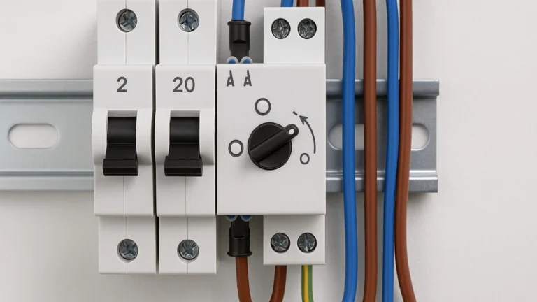 Contacteur jour/nuit au tableau électrique avec sélecteur Auto–I–0, disjoncteurs 2 A (commande) et 20 A (puissance) et câblage bleu/marron/vert-jaune pour chauffe-eau.