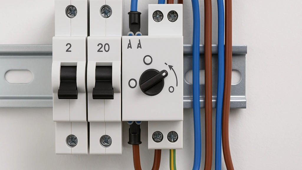 Contacteur jour/nuit au tableau électrique avec sélecteur Auto–I–0, disjoncteurs 2 A (commande) et 20 A (puissance) et câblage bleu/marron/vert-jaune pour chauffe-eau.