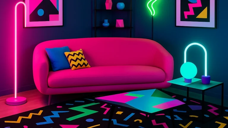 Salon déco années 80 moderne avec canapé rose fuchsia, néons verts et bleus, tableaux géométriques et tapis graphique inspiré du style Memphis