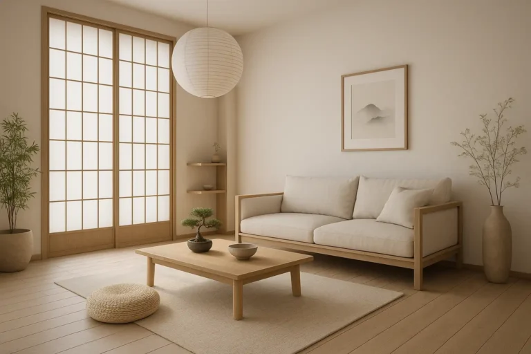 Salon japonais minimaliste avec shoji, mobilier en bois clair, table basse zen et ambiance naturelle apaisante