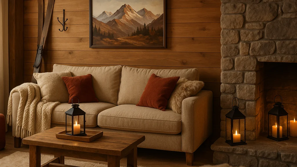 Salon déco montagne moderne avec canapé en tissu beige, coussins bordeaux, mur en bois, cheminée en pierre et lanternes noires pour une ambiance chalet chaleureuse