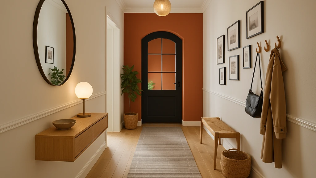Couloir moderne lumineux décoré avec mur terracotta, miroir rond, console en bois, tapis long et porte noire vitrée