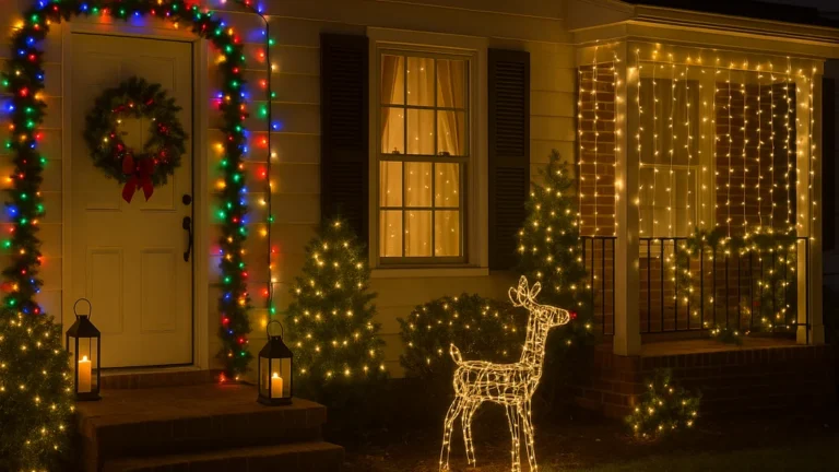Façade de maison décorée pour Noël avec guirlandes LED extérieures, couronne lumineuse, arbustes illuminés et renne lumineux dans le jardin