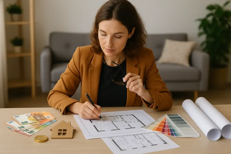 Décoratrice d’intérieur travaillant sur des plans et une palette de couleurs dans un salon moderne, illustrant les différents tarifs et prestations possibles.