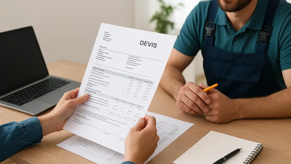 Particulier discutant d'un devis travaux détaillé avec un artisan, autour d'une table, illustrant la demande de devis TravauxNinja et la comparaison des offres de rénovation