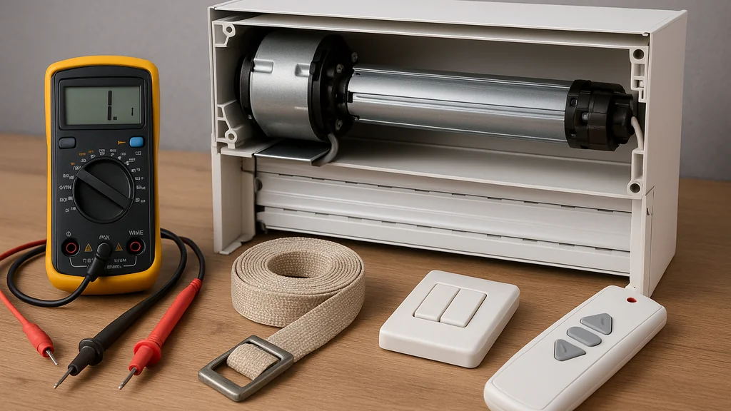 Diagnostic panne volet roulant : coffre ouvert avec moteur tubulaire, multimètre, sangle, inverseur mural et télécommande posés sur l’établi