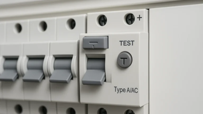Interrupteur différentiel 30 mA dans un tableau électrique, gros plan sur levier et bouton test T, adjacent aux disjoncteurs divisionnaires