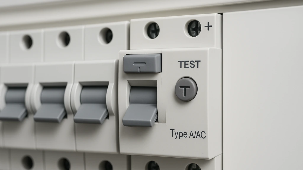 Interrupteur différentiel 30 mA dans un tableau électrique, gros plan sur levier et bouton test T, adjacent aux disjoncteurs divisionnaires