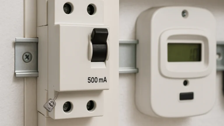 Disjoncteur de branchement AGCP 500 mA avec plomb de scellé, en amont du tableau électrique, gros plan réaliste sur levier et rail DIN.