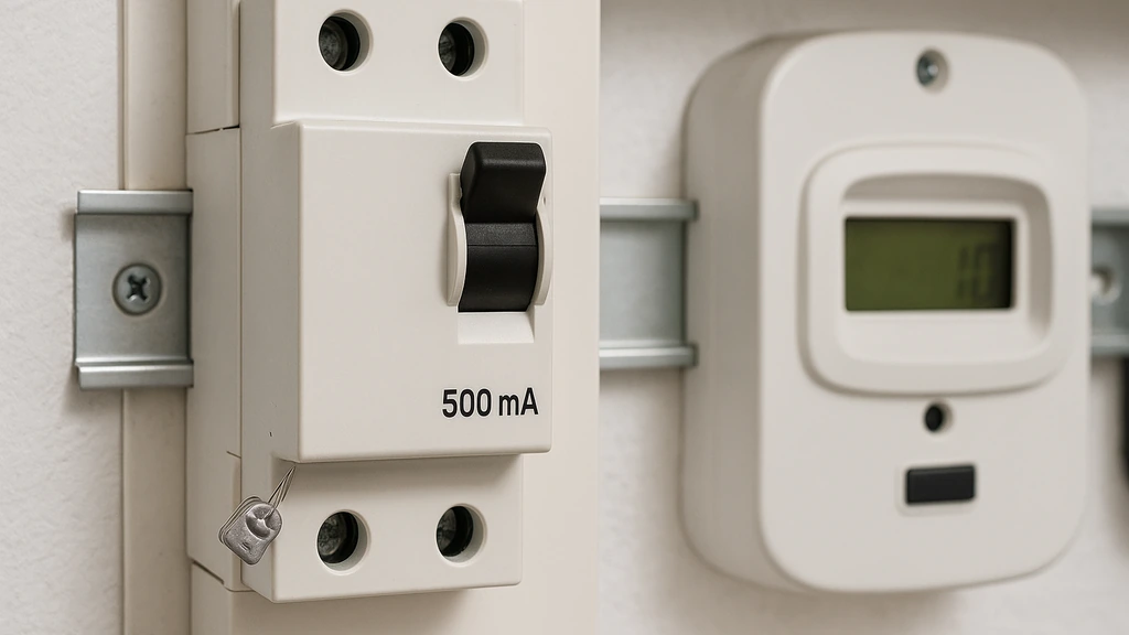 Disjoncteur de branchement AGCP 500 mA avec plomb de scellé, en amont du tableau électrique, gros plan réaliste sur levier et rail DIN.