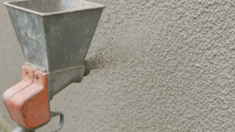 Application d’un enduit tyrolien projeté sur une façade extérieure avec une tyrolienne, montrant la texture granuleuse du crépi