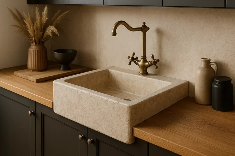 Évier en pierre beige massif avec robinet en laiton dans une cuisine élégante, illustrant le style authentique et haut de gamme des éviers en pierre naturelle.
