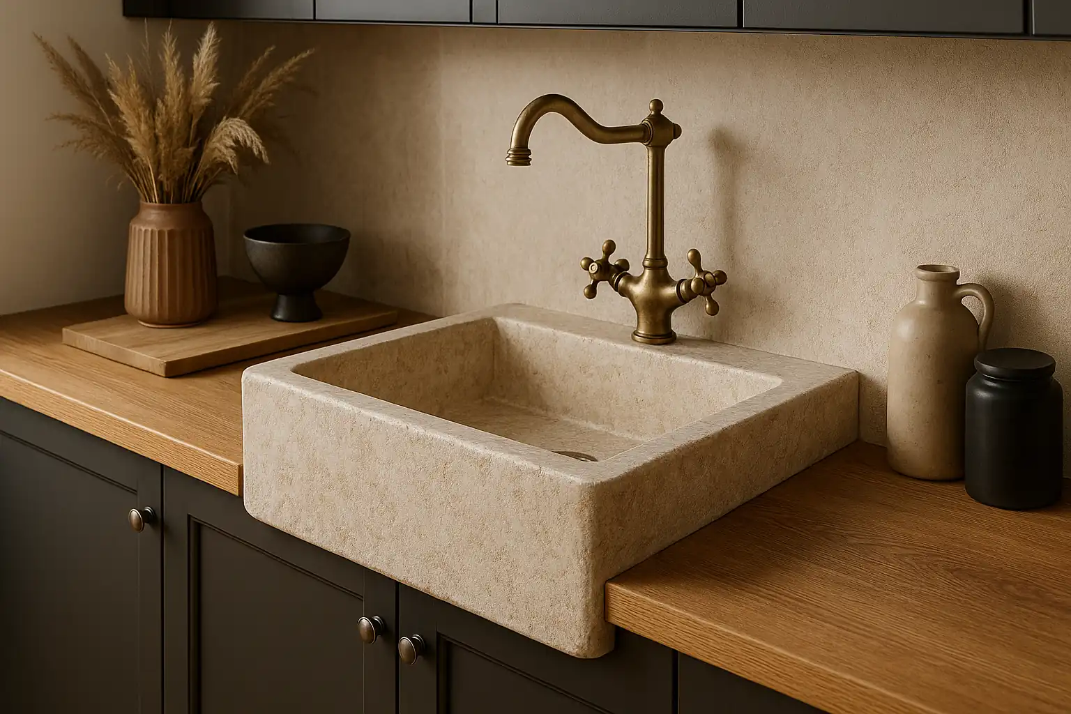 Évier en pierre beige massif avec robinet en laiton dans une cuisine élégante, illustrant le style authentique et haut de gamme des éviers en pierre naturelle.