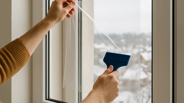 Pose d’un film isolant pour fenêtre sur une vitre par temps froid afin de réduire les déperditions de chaleur