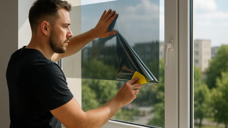 Pose d’un film solaire anti-chaleur sur fenêtre : application au racloir, vitrage modernisé, réduction IR/UV annoncée, rendu réaliste et lumineux