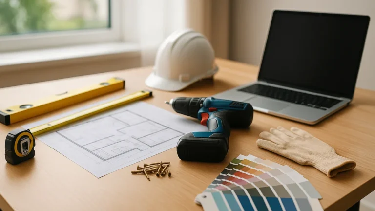 Espace de travail de rénovation maison avec plan, perceuse, mètre et nuancier sur table en bois, lumière naturelle — guides pas-à-pas Gospi.fr Maison et travaux.