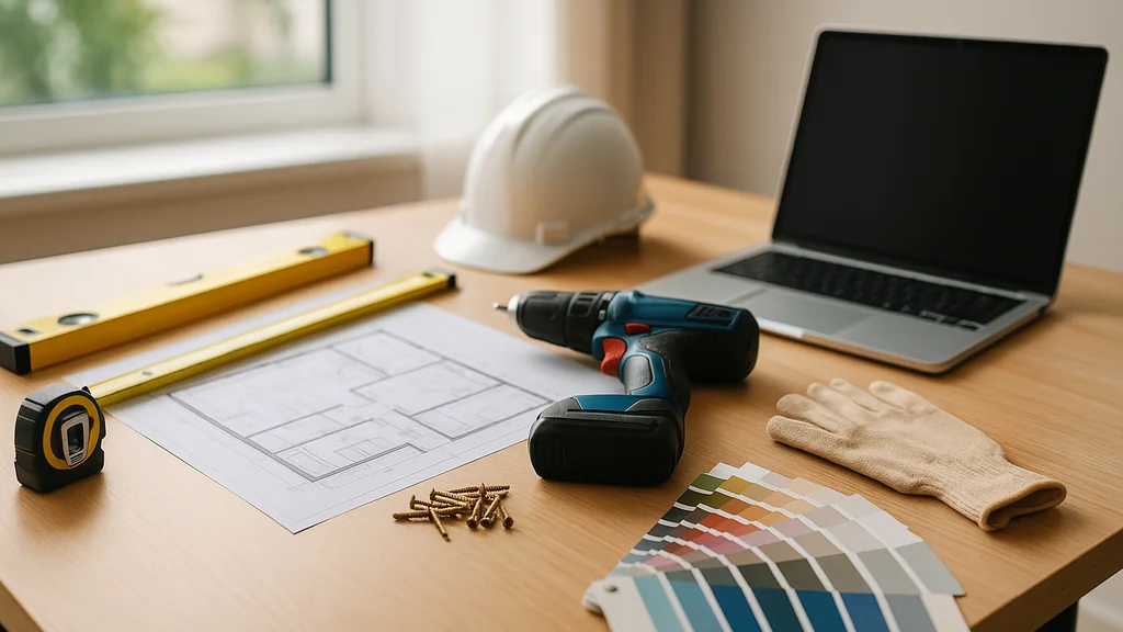 Espace de travail de rénovation maison avec plan, perceuse, mètre et nuancier sur table en bois, lumière naturelle — guides pas-à-pas Gospi.fr Maison et travaux.