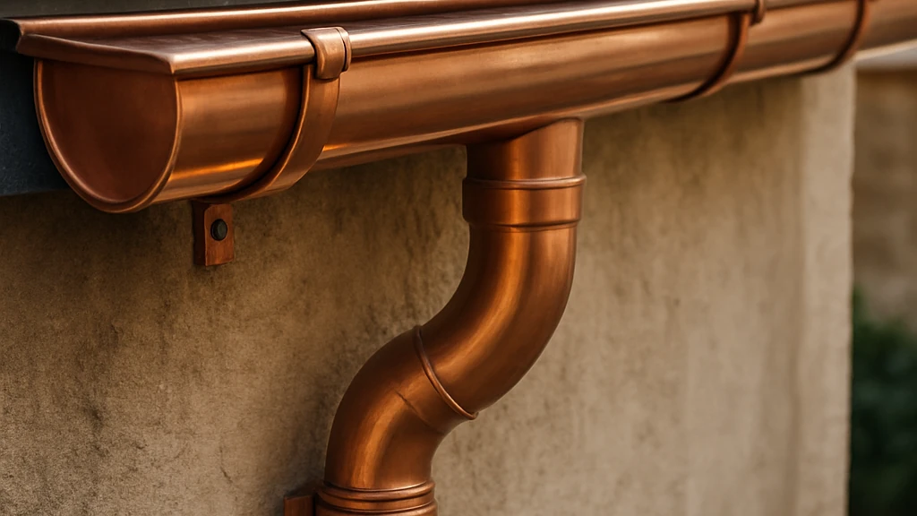 Gouttière en cuivre neuve installée sous une toiture en ardoise, montrant le conduit et la descente avec finition cuivrée brillante