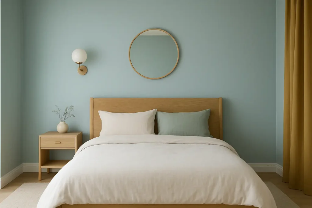 Chambre apaisante avec murs bleu doux, lit en bois clair, linge de lit neutre et décoration minimaliste pour créer une ambiance reposante