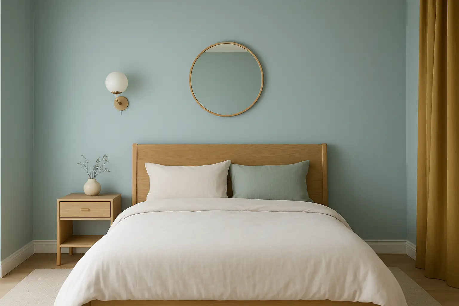 Chambre apaisante avec murs bleu doux, lit en bois clair, linge de lit neutre et décoration minimaliste pour créer une ambiance reposante