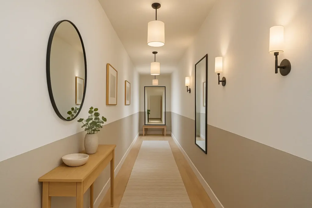 Couloir long et étroit décoré avec console en bois clair, éclairage mural moderne et miroir pour agrandir visuellement l’espace