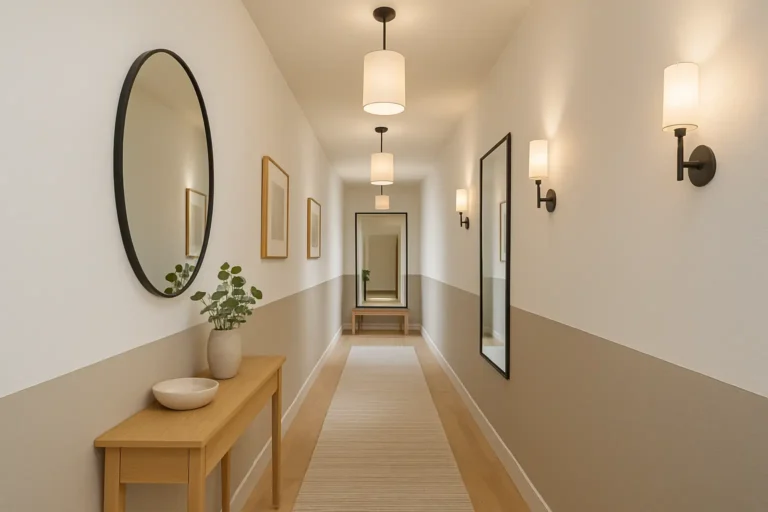 Couloir long et étroit décoré avec console en bois clair, éclairage mural moderne et miroir pour agrandir visuellement l’espace