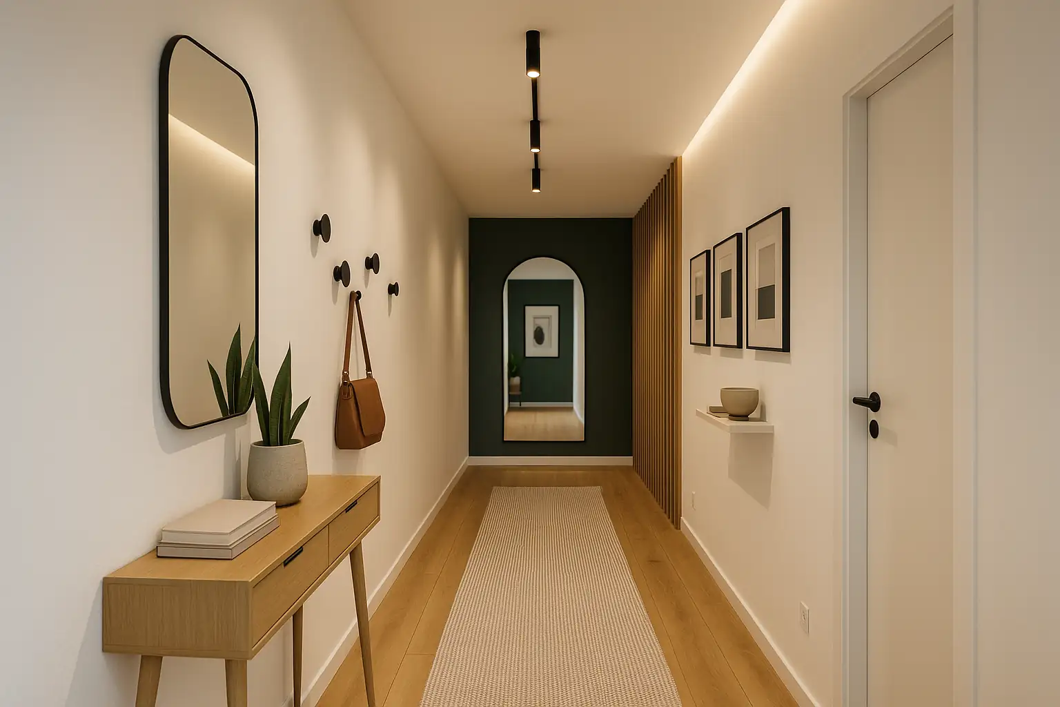 Couloir moderne lumineux avec console en bois, miroir design, murs blancs et accents vert foncé, éclairage LED et décoration contemporaine.