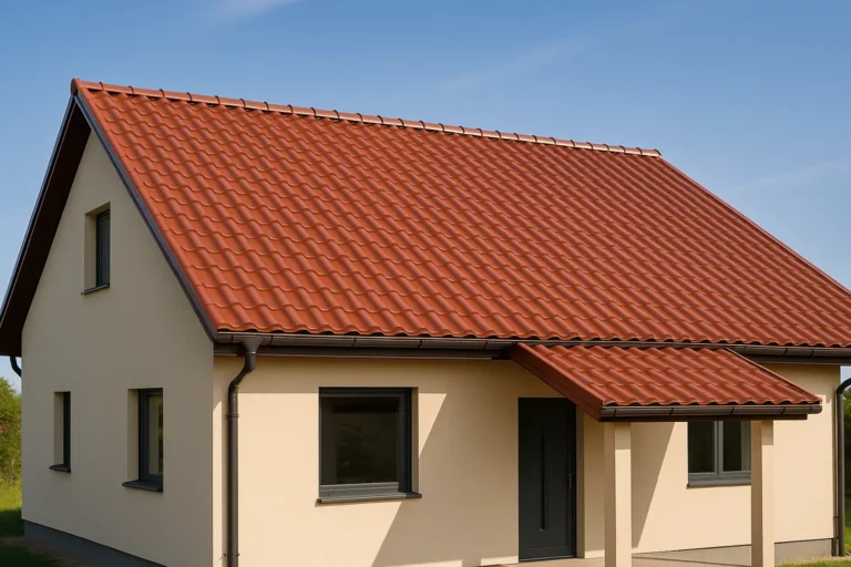 Toiture de maison moderne en tôle imitation tuile rouge mate sous ciel bleu, illustrant une couverture métallique légère et économique conforme aux règles de pose.