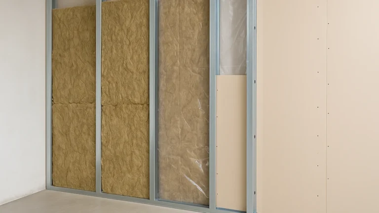 Isolation sur placo existant : contre-cloison métallique avec laine minérale, pare-vapeur côté intérieur et plaques de plâtre en cours de pose, vue réaliste et nette.