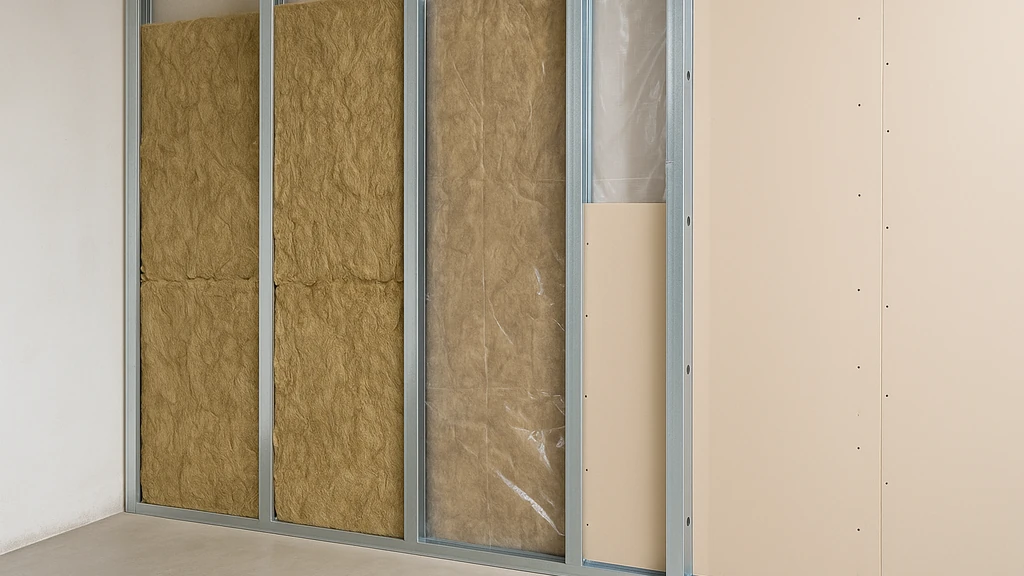 Isolation sur placo existant : contre-cloison métallique avec laine minérale, pare-vapeur côté intérieur et plaques de plâtre en cours de pose, vue réaliste et nette.