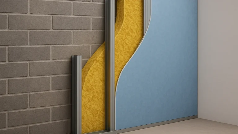 Coupe technique d’un doublage acoustique avec ossature métallique, laine de roche et plaque de plâtre phonique contre un mur en briques