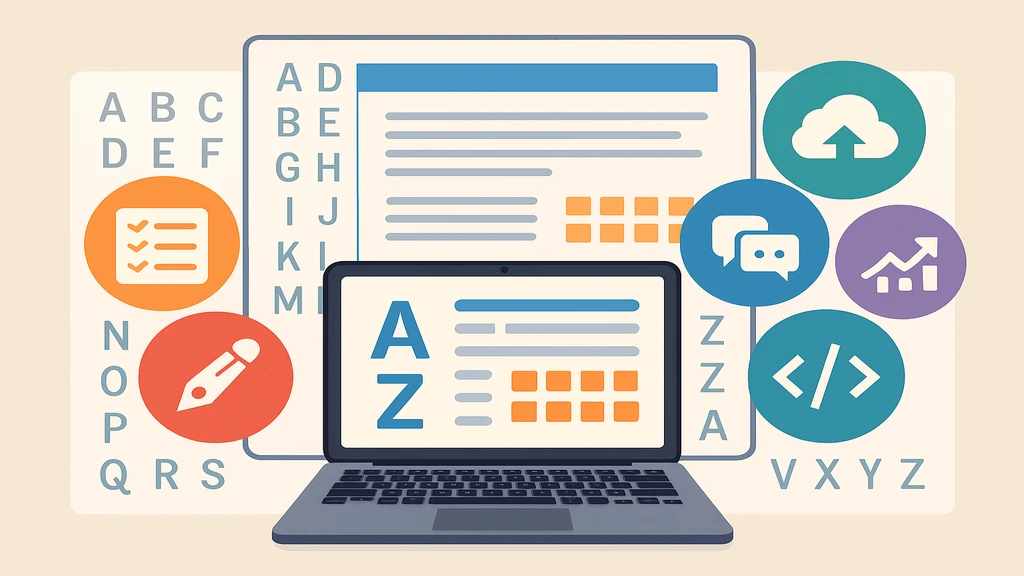Illustration d’un ordinateur portable affichant une liste A à Z d’outils en ligne, entouré d’icônes colorées représentant différentes catégories d’applications, pour illustrer la liste d’outil r-diffusion.org