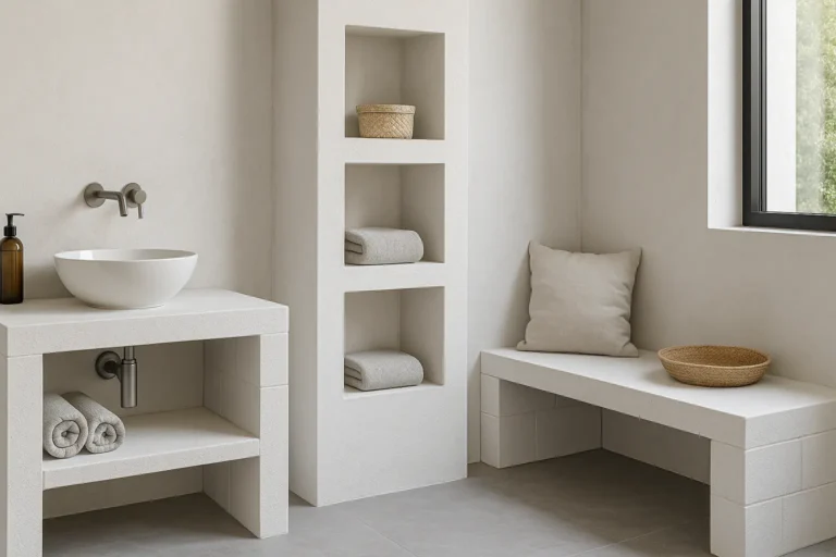 Meuble vasque, niche et banquette maçonnés en béton cellulaire blanc dans une salle de bain moderne, illustrant un aménagement imputrescible et sur mesure.