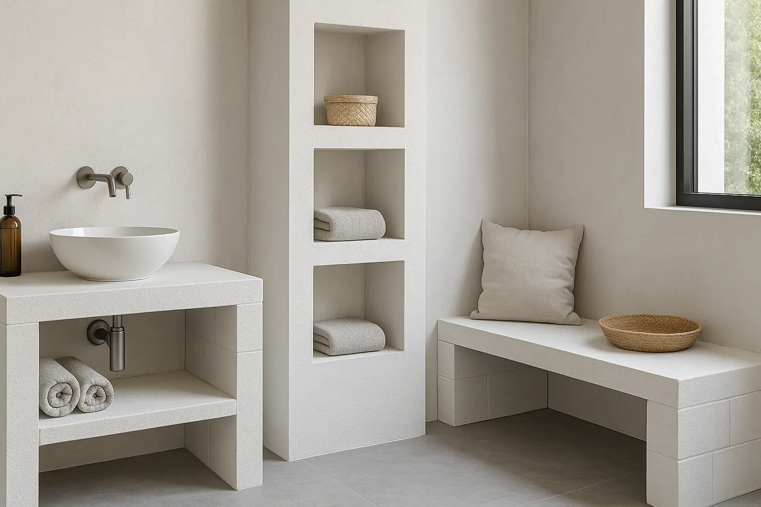 Meuble vasque, niche et banquette maçonnés en béton cellulaire blanc dans une salle de bain moderne, illustrant un aménagement imputrescible et sur mesure.