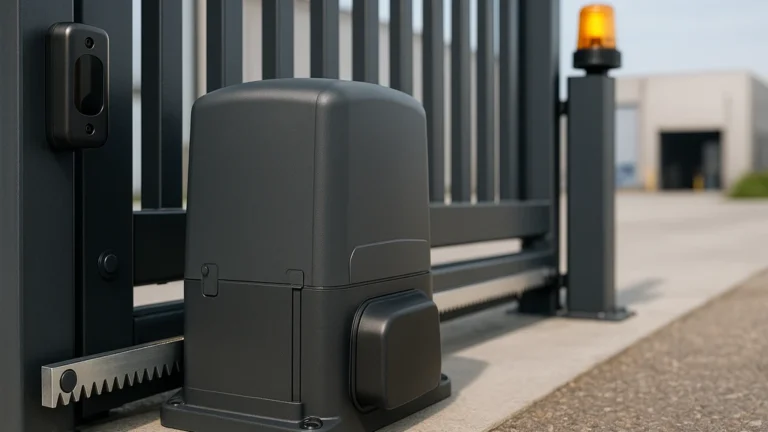 Moteur CAME pour portail coulissant avec crémaillère et photocellule, vue rapprochée sur le carter et le pignon, installation résidentielle/industrielle en plein jour.